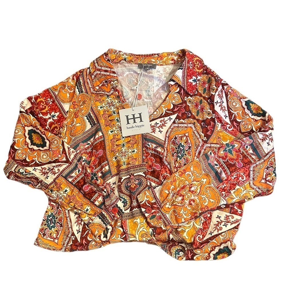 Haute Hippie boho bohemian blouse collar cropped elastic back medium NWT floral